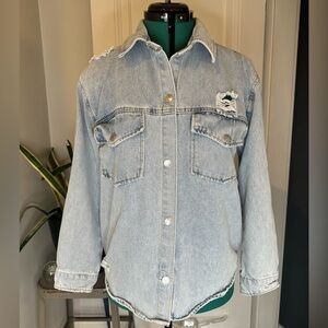 STOOSH VINTAGE DENIM Distressed Jean Shirt Jacket Shacket Womens Size S Buttons